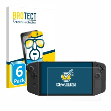 Face avant d’un emballage produit avec le logo de la marque BROTECT. À côté, l’appareil Lenovo Legion Go est représenté avec l