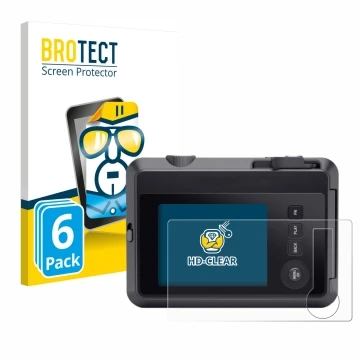 Face avant d’un emballage produit avec le logo de la marque BROTECT. À côté, l’appareil Leica SOFORT 2 est représenté avec la 