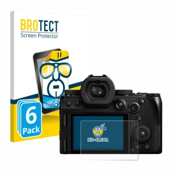 Face avant d’un emballage produit avec le logo de la marque BROTECT. À côté, l’appareil Panasonic Lumix DC-S5M2X est représent