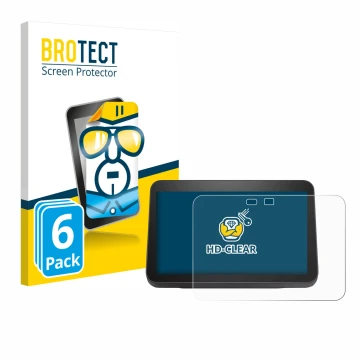 Face avant d’un emballage produit avec le logo de la marque BROTECT. À côté, l’appareil Amazon Echo Show 8 2023 (3ème Gen.) es