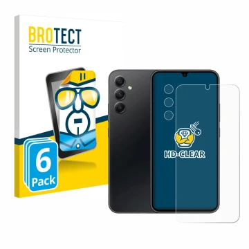 Face avant d’un emballage produit avec le logo de la marque BROTECT. À côté, l’appareil Samsung Galaxy A34 5G Enterprise Editi