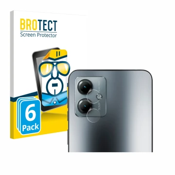 Face avant d’un emballage produit avec le logo de la marque BROTECT. À côté, l’appareil Motorola Moto G14 (Caméra UNIQUEMENT) 