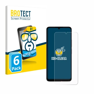 Face avant d’un emballage produit avec le logo de la marque BROTECT. À côté, l’appareil Xiaomi Poco C65 est représenté avec la