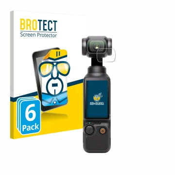Face avant d’un emballage produit avec le logo de la marque BROTECT. À côté, l’appareil DJI Osmo Pocket 3 (Lentille) est repré