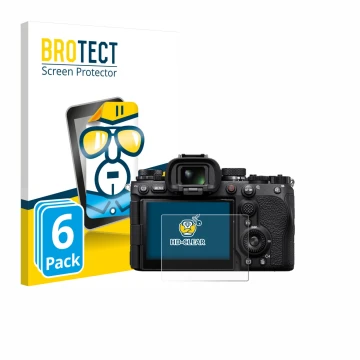 Face avant d’un emballage produit avec le logo de la marque BROTECT. À côté, l’appareil Sony Alpha 9 III est représenté avec l