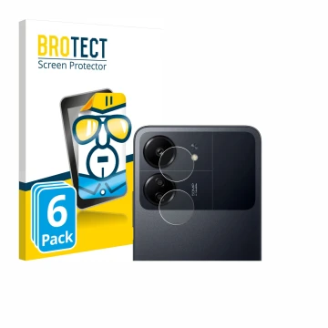 Face avant d’un emballage produit avec le logo de la marque BROTECT. À côté, l’appareil Xiaomi Poco C65 (Caméra UNIQUEMENT) es