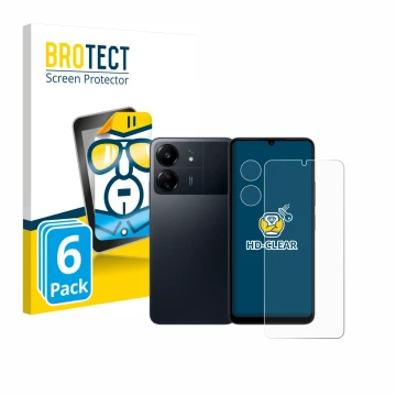 Face avant d’un emballage produit avec le logo de la marque BROTECT. À côté, l’appareil Xiaomi Poco C65 (Avant+Caméra) est rep