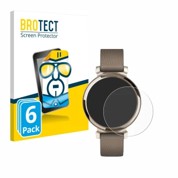 Face avant d’un emballage produit avec le logo de la marque BROTECT. À côté, l’appareil Garmin Lily 2 est représenté avec la p