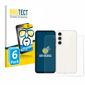Face avant d’un emballage produit avec le logo de la marque BROTECT. À côté, l’appareil Samsung Galaxy S23 FE (Avant+Arrière) 