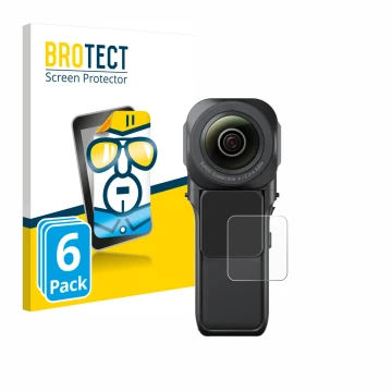 Face avant d’un emballage produit avec le logo de la marque BROTECT. À côté, l’appareil Insta360 One RS 1-Zoll 360 est représe