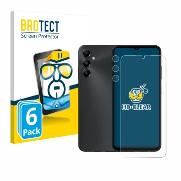 Face avant d’un emballage produit avec le logo de la marque BROTECT. À côté, l’appareil Samsung Galaxy A05s (Avant+Caméra) est