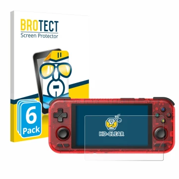 Face avant d’un emballage produit avec le logo de la marque BROTECT. À côté, l’appareil Retroid Pocket 4 Pro est représenté av