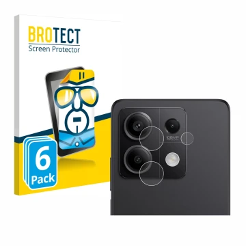Face avant d’un emballage produit avec le logo de la marque BROTECT. À côté, l’appareil Xiaomi Redmi Note 13 Pro 5G (Caméra UN