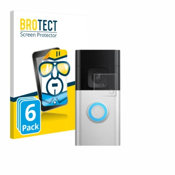 Face avant d’un emballage produit avec le logo de la marque BROTECT. À côté, l’appareil Ring Video Doorbell Plus est représent