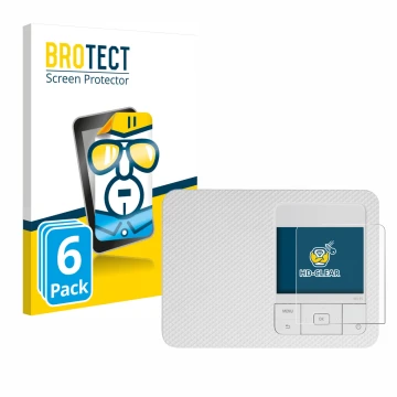 Face avant d’un emballage produit avec le logo de la marque BROTECT. À côté, l’appareil Canon Selphy CP1500 est représenté ave