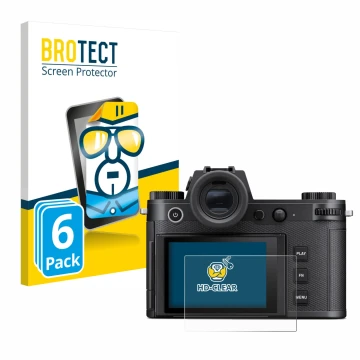 Face avant d’un emballage produit avec le logo de la marque BROTECT. À côté, l’appareil Leica SL3 est représenté avec la prote