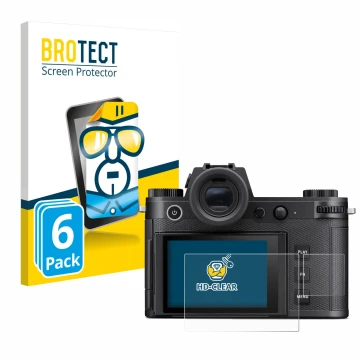 Face avant d’un emballage produit avec le logo de la marque BROTECT. À côté, l’appareil Leica SL3 (Affichage + affichage des é