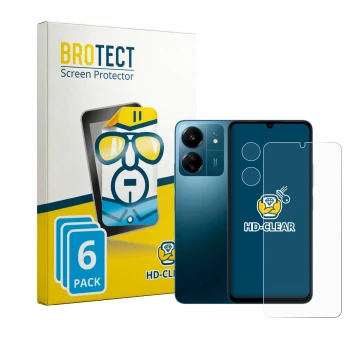 Face avant d’un emballage produit avec le logo de la marque BROTECT. À côté, l’appareil Xiaomi Redmi 13C (Avant+Caméra) est re