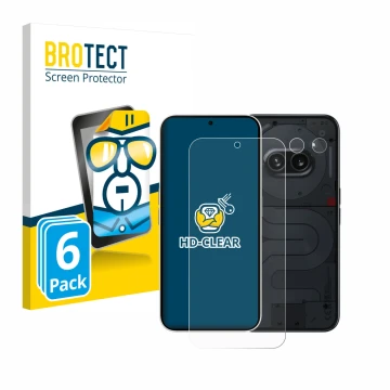 Face avant d’un emballage produit avec le logo de la marque BROTECT. À côté, l’appareil Nothing Phone (2a) (Avant+Caméra) est 