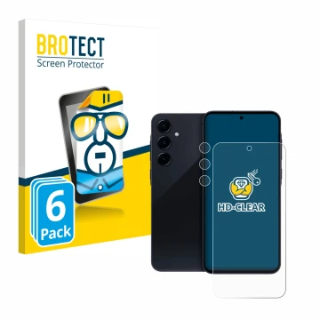 Face avant d’un emballage produit avec le logo de la marque BROTECT. À côté, l’appareil Samsung Galaxy A55 5G (Avant+Caméra) e