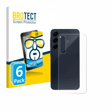 Face avant d’un emballage produit avec le logo de la marque BROTECT. À côté, l’appareil Samsung Galaxy A55 5G (Arrière) est re