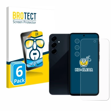 Face avant d’un emballage produit avec le logo de la marque BROTECT. À côté, l’appareil Samsung Galaxy A35 5G (Avant+Caméra) e