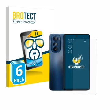 Face avant d’un emballage produit avec le logo de la marque BROTECT. À côté, l’appareil Motorola Edge 30 (Avant+Caméra) est re