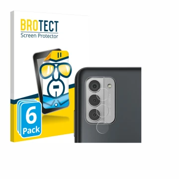 Face avant d’un emballage produit avec le logo de la marque BROTECT. À côté, l’appareil Nokia G42 5G (Caméra UNIQUEMENT) est r
