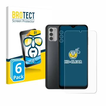 Face avant d’un emballage produit avec le logo de la marque BROTECT. À côté, l’appareil Nokia G42 5G (Avant+Caméra) est représ