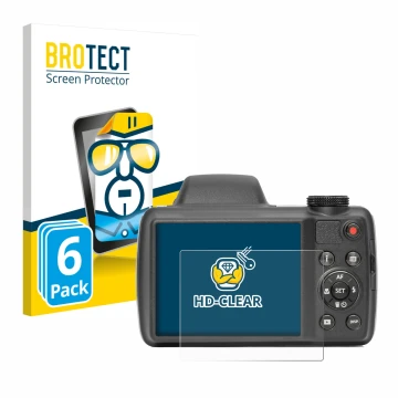 Face avant d’un emballage produit avec le logo de la marque BROTECT. À côté, l’appareil Kodak Pixpro AZ528 est représenté avec