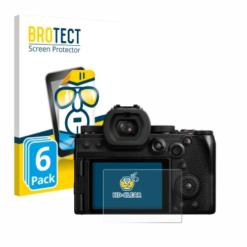 Face avant d’un emballage produit avec le logo de la marque BROTECT. À côté, l’appareil Panasonic Lumix DC-S5II est représenté