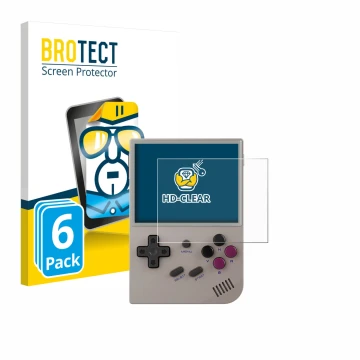 Face avant d’un emballage produit avec le logo de la marque BROTECT. À côté, l’appareil Anbernic RG35XX Plus est représenté av