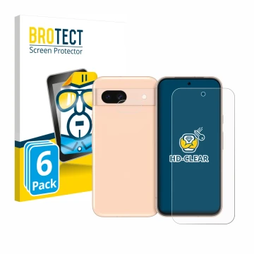 Face avant d’un emballage produit avec le logo de la marque BROTECT. À côté, l’appareil Google Pixel 8a (Avant+Caméra) est rep