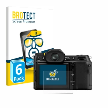 Face avant d’un emballage produit avec le logo de la marque BROTECT. À côté, l’appareil Fujifilm GFX100S II est représenté ave