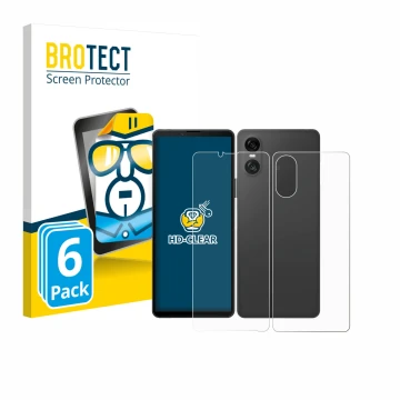 Face avant d’un emballage produit avec le logo de la marque BROTECT. À côté, l’appareil Sony Xperia 10 VI (Avant+Arrière) est 