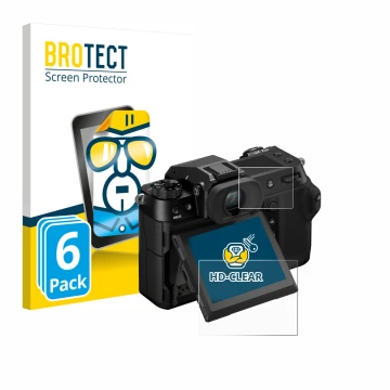 Face avant d’un emballage produit avec le logo de la marque BROTECT. À côté, l’appareil Fujifilm GFX100S II (Affichage + affic