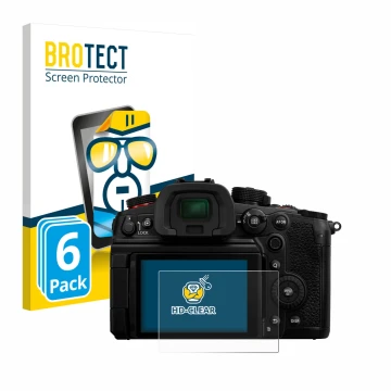 Face avant d’un emballage produit avec le logo de la marque BROTECT. À côté, l’appareil Panasonic Lumix DC-GH7 est représenté 