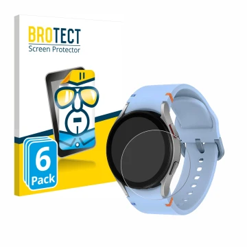 Face avant d’un emballage produit avec le logo de la marque BROTECT. À côté, l’appareil Samsung Galaxy Watch FE est représenté