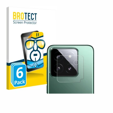 Face avant d’un emballage produit avec le logo de la marque BROTECT. À côté, l’appareil Xiaomi 14 (Caméra UNIQUEMENT) est repr