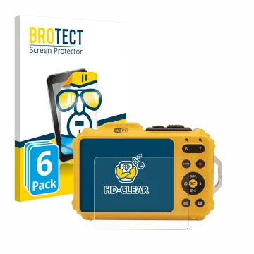 Face avant d’un emballage produit avec le logo de la marque BROTECT. À côté, l’appareil Kodak Pixpro WPZ2 est représenté avec 