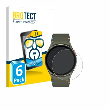 Face avant d’un emballage produit avec le logo de la marque BROTECT. À côté, l’appareil Samsung Galaxy Watch 7 (40 mm) est rep