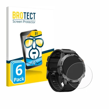 Face avant d’un emballage produit avec le logo de la marque BROTECT. À côté, l’appareil Sanorum Smartwatch 1.43