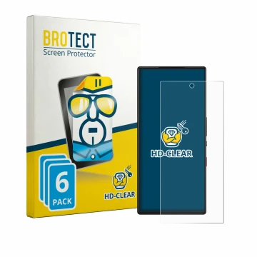 Face avant d’un emballage produit avec le logo de la marque BROTECT. À côté, l’appareil ZTE Nubia Red Magic 9S Pro est représe