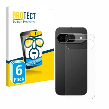 Face avant d’un emballage produit avec le logo de la marque BROTECT. À côté, l’appareil Google Pixel 9 (Arrière) est représent