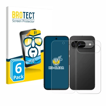 Face avant d’un emballage produit avec le logo de la marque BROTECT. À côté, l’appareil Google Pixel 9 (Avant+Arrière) est rep