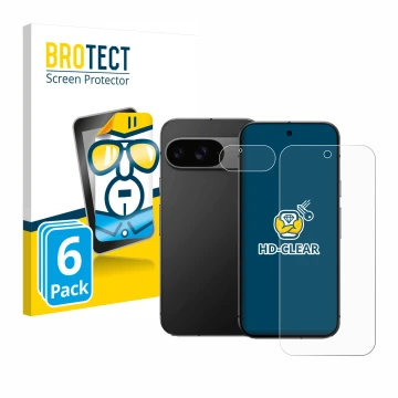 Face avant d’un emballage produit avec le logo de la marque BROTECT. À côté, l’appareil Google Pixel 9 (Avant+Caméra) est repr