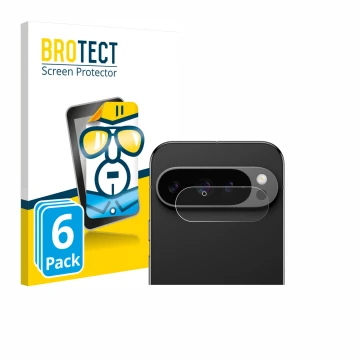 Face avant d’un emballage produit avec le logo de la marque BROTECT. À côté, l’appareil Google Pixel 9 Pro (Caméra UNIQUEMENT)