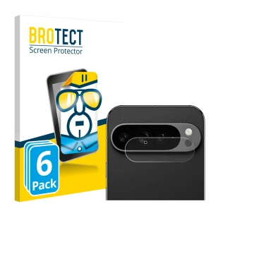 Face avant d’un emballage produit avec le logo de la marque BROTECT. À côté, l’appareil Google Pixel 9 Pro XL (Caméra UNIQUEME