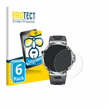 Face avant d’un emballage produit avec le logo de la marque BROTECT. À côté, l’appareil Smartwatch V69 1.85