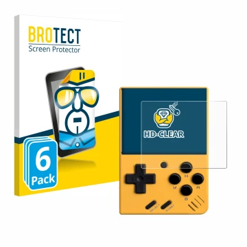 Face avant d’un emballage produit avec le logo de la marque BROTECT. À côté, l’appareil Miyoo Mini V4 est représenté avec la p